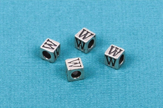 Alphabet LETTER W Sterling Silver Alphabet Block Bead, Square Cube, 5.5mm, pms0299