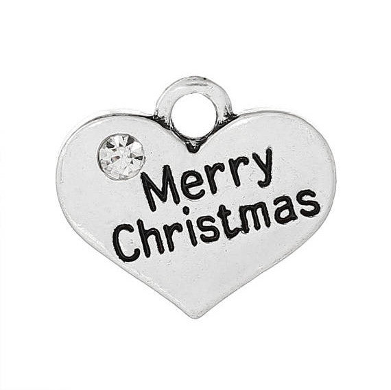 1 Antique Silver Rhinestone "Merry Christmas" Heart Charm Pendant 17x14mm  chs1393a
