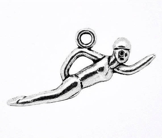 10 SWIMMING Swimmer Charm Pendants, Antique Silver Metal  chs2094