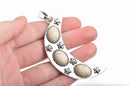 CRESCENT MOON Pendant, Silver moon with stars and white faux turquoise cabochons, textured metal, 3-1/8" tall chs2876
