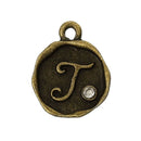 4 pcs Letter T Monogram Wax Seal Bronze Charm Tags, with crystal rhinestone, 3/8"  chb0350