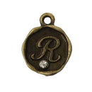 4 pcs Letter R Monogram Wax Seal Bronze Charm Tags, with crystal rhinestone, 3/8"  chb0340