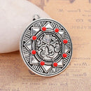 3 Silver SUN FACE Charms Pendant with clear rhinestone and siam red accents, carved engraved design, 30mm, chs2796
