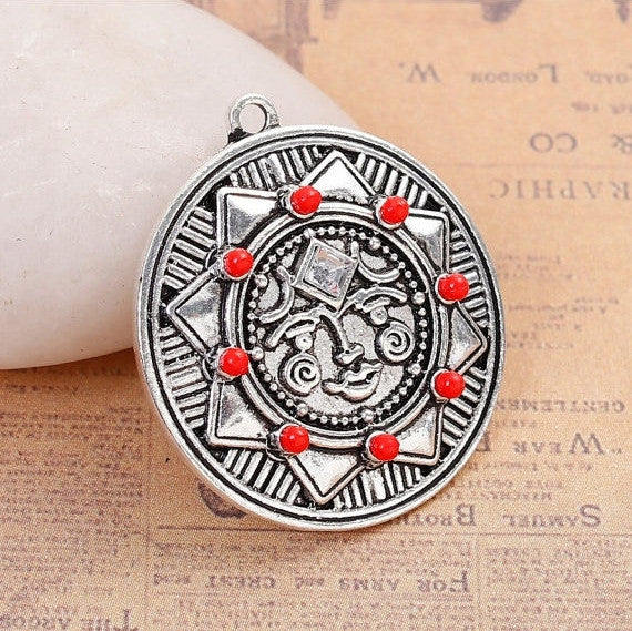 3 Silver SUN FACE Charms Pendant with clear rhinestone and siam red accents, carved engraved design, 30mm, chs2796