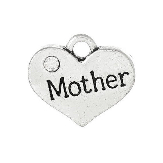 1 Antique Silver Rhinestone "Mother" Heart Charm Pendant 17x15mm  chs1414a