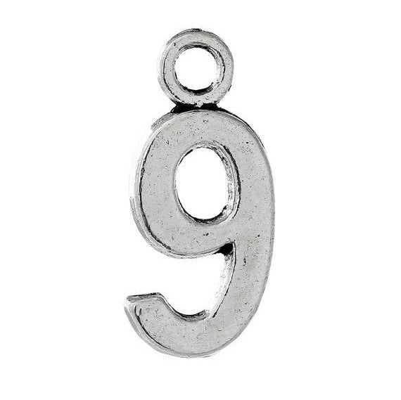 6 Silver Plated Number 9 (nine) Charms, 15mm tall, about 5/8" chs2289