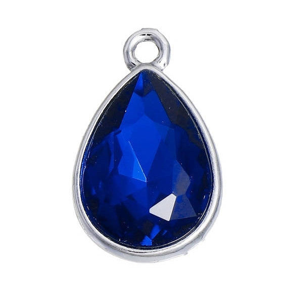 ROYAL BLUE Sapphire Rhinestone Teardrop Drop Charms, Crystal Glass in Silver Tone Bezel, September Birthstone, 19x12mm, chs2784