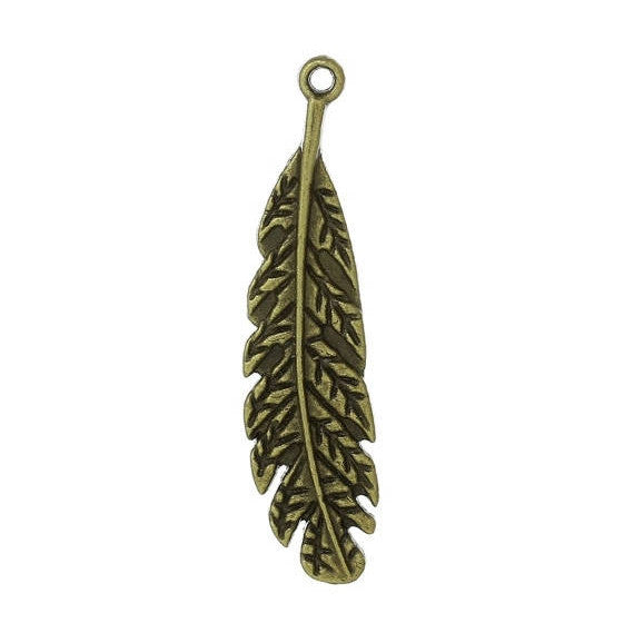 5 Antique Bronze Metal Large FEATHER Charm Pendants, 1-3/4" long chb0328