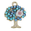 2 Blue TREE of LIFE Gold Plated Rose Charms With Rhinestones, pink resin flower, blooming trees, chg0359