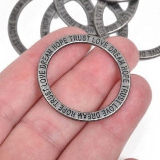 5 Gunmetal Affirmation Rings, Stamped Circle Washer Connector Links, "Trust Love Dream Hope" 35mm, cho0209