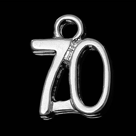 6 Number 70 Charms, Silver Plated Pendants, number seventy, chs2043