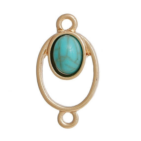 5 Gold Oval Charm Pendants, 2-hole connector links, oval faux turquoise cabochon, gold metal, 23x13mm, chg0506