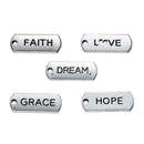 50 STAMPED Affirmation Tags, Silver Metal Charm Pendants, Faith, Love, Dream, Grace, Hope, charm set, 21x8mm, chs2432