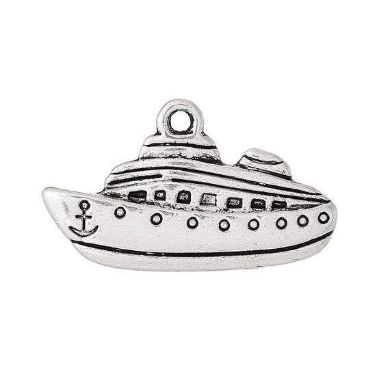 10 CRUISE SHIP Charm Pendants, Antique Silver Boat Charms, Cruise Ship with Anchor, chs1445