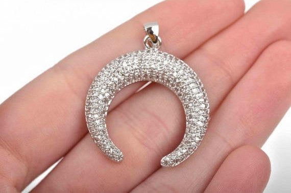 SILVER Double Horn Pendant with Rhinestones, Crescent Horn, Pavé Pendant, Upside Down Moon, 29mm (1-1/8") chs2889