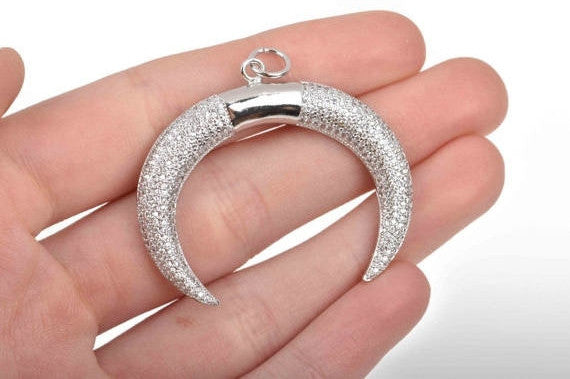 SILVER Double Horn Pendant with Clear Rhinestones, Crescent Horn, Pavé Pendant, Upside Down Moon, 45mm (1-5/8") chs2893
