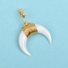 WHITE Double Horn Charm Pendant, Crescent Horn, Gold Wire Wrap, Upside Down Moon, Dyed Shell, 20mm (3/4") cho0192