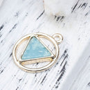 3 Gold Plated ARROWHEAD CIRCLE Hollow Geometric Pendant Charms, light blue imitation opal resin, gold plating, 17mm dia, chg0558