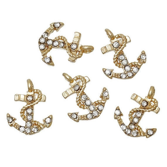 5 ANCHOR Charms or Pendants . Gold Plated with rhinestone accents, 1/2" chg0315