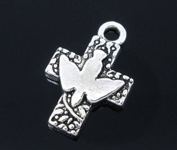 10 Silver Pewter CONFIRMATION CROSS with Peace Dove . Charm Pendants chs0692