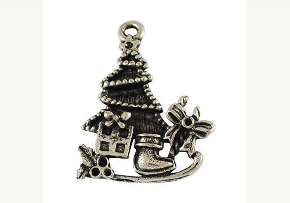 10 Small Silver Pewter CHRISTMAS TREE Sleigh Charm Pendants chs0687