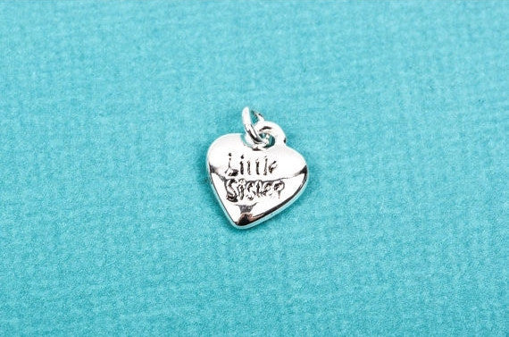 LITTLE SISTER Heart Charm, Silver Plated Pendant, double sided, chs1881