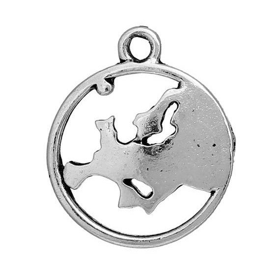 10 EUROPE MAP Charms, Travel Charms, Map in Circle, Silver Map Continent Pendants, 20x16mm, chs2444