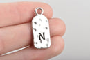 5 Letter N Monogram Initial Letter Stamped Rectangle Tag Charms, Hammered Antiqued Silver Tone Metal, 27x12mm, chs2612