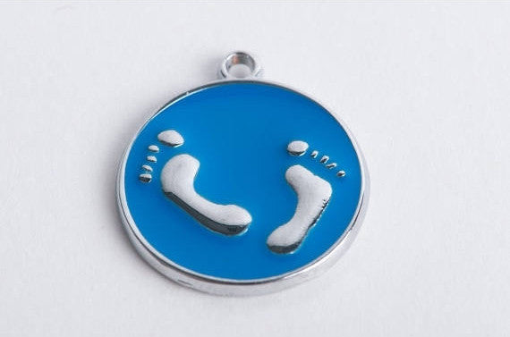 4 BLUE BABY Footprint Charms, Silver with Blue Enamel, che0119