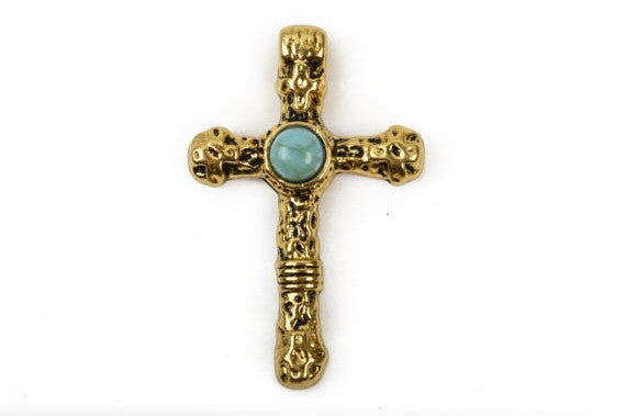 2 Antique Gold and Turquoise CROSS Pendants, Brass gold base with turquoise cabochon, rustic metal, 40x25mm, chg0411