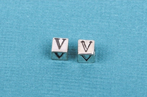 Alphabet LETTER V Sterling Silver Alphabet Block Bead, Square Cube, 4.5mm, pms0355