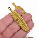 5 Gold FEATHER Charms, Oxidized Gold metal charms, gold feather pendants, 61x15mm, 2-3/8" long chg0585