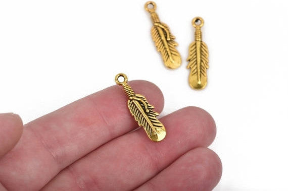 10 Gold FEATHER Charms, Gold oxidized metal charms, Gold feather pendants, 27x8mm, 1-1/8" long chg0599