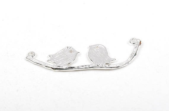 4 Silver Plated Birds on a Branch Charm Pendant Connector, 2 holes, chs1903