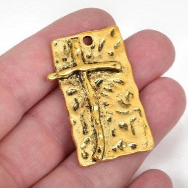 2 Large CROSS Charm Pendants, gold oxidized base with soldered cross, rustic hammered metal, 42x26mm, chg0436