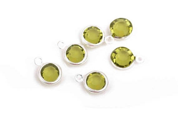 6 PERIDOT GREEN Rhinestone Faceted Circle Charms, 8mm Silver Drop Charms, Crystal Glass, Silver Plated Bezel, August Birthstone, chs2919