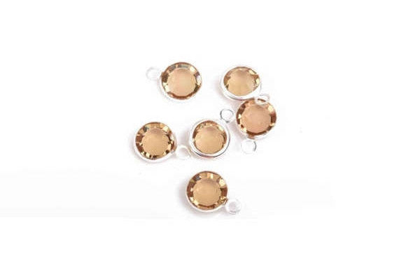 6 TOPAZ YELLOW Brown Rhinestone Circle Charms, 6mm Silver Drop Charms, Crystal Glass in Silver Plated Bezel, November Birthstone, chs2915