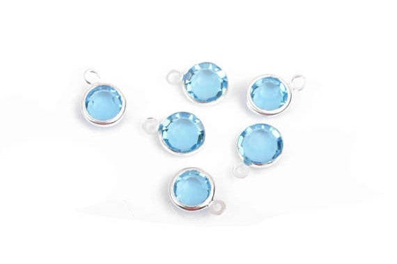 6 AQUAMARINE Light BLUE Rhinestone Faceted Circle Charms, 8mm Silver Drop Charms, Crystal Glass, Silver Bezel, March Birthstone, chs2921