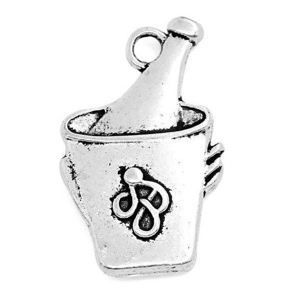 10 Fancy Silver Tone Metal WINE BOTTLE and Ice Bucket . Charm Pendants chs0638