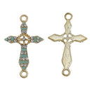 5 LIGHT BLUE Enamel and Light Gold Plated Fancy Cross with Rhinestones Connector Charms, chg0381