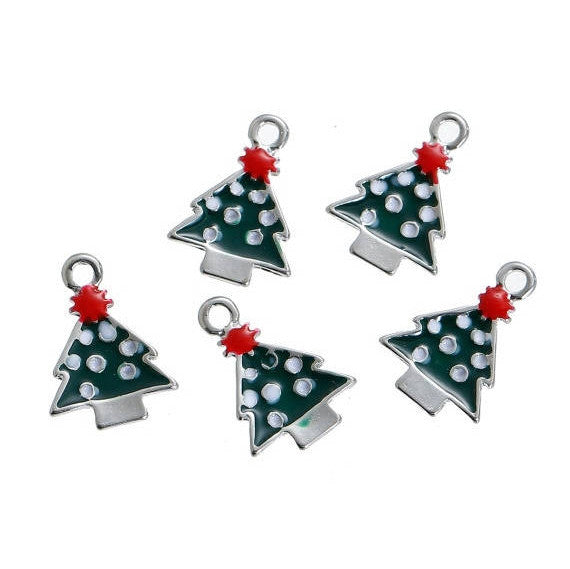 5 CHRISTMAS TREE Charms or Pendants, Silver Plated with enamel, 5/8" che0528