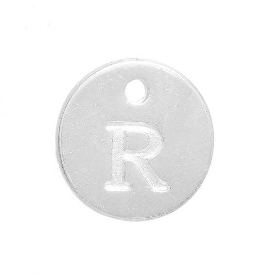 10 Letter R Alphabet Charms Silver Plated Monogram, double sided round disc letter charms, dot charms, 12mm, (1/2")  chs2556