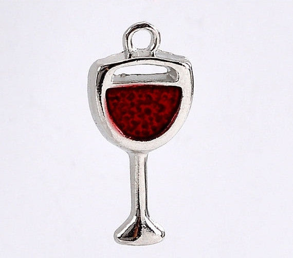 4 - Silver Tone Wine Cup Glass Charm Pendants 20x9mm  First Communion Eucharist . red enamel che0196