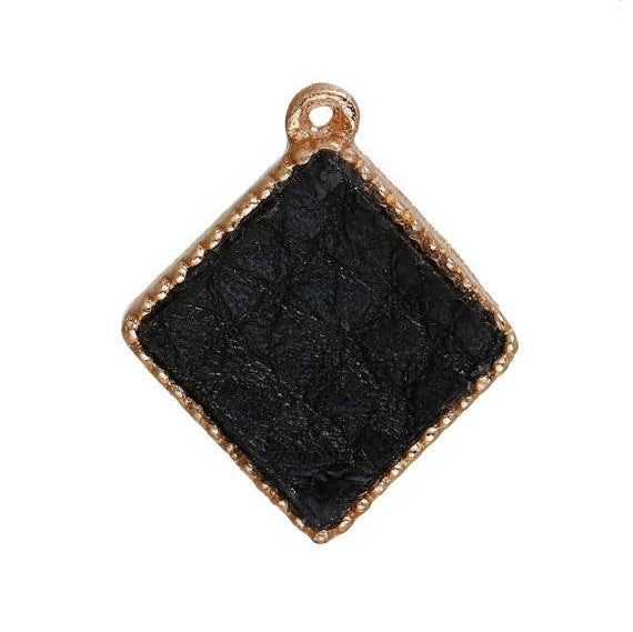 5 Gold-Plated Diamond Rhombus Square Charm Pendants with JET BLACK Faux Leather Cabochon, 16mm, chs2937