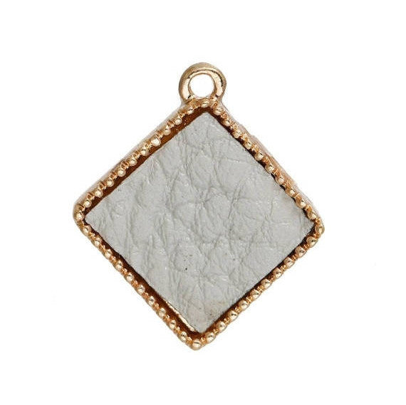 5 Gold-Plated Diamond Rhombus Square Charm Pendants with CREAM Off White Faux Leather Cabochon, 16mm dia, chs2940
