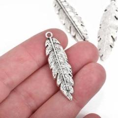 10 Silver FEATHER Charms, Silver metal charms, Silver feather pendants, 41x12mm, 1-5/8" long chs2849