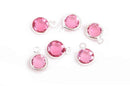 6 TOURMALINE PINK Rhinestone Faceted Circle Charms, 6mm Silver Drop Charms, Crystal Glass in Silver Plated Bezel October Birthstone, chs2930