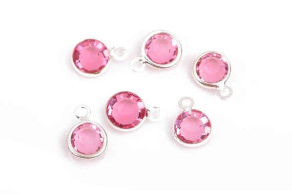 6 TOURMALINE PINK Rhinestone Faceted Circle Charms, 6mm Silver Drop Charms, Crystal Glass in Silver Plated Bezel October Birthstone, chs2930