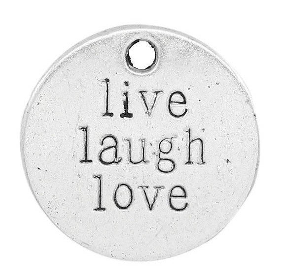 5 pc.  Antique Silver Tone Metal LIVE LAUGH Love Circle Charm Pendants 20mm chs0579