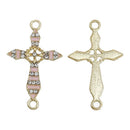 5 PINK Enamel and Light Gold Plated FANCY Cross with Rhinestones Connector Charms, chg0383